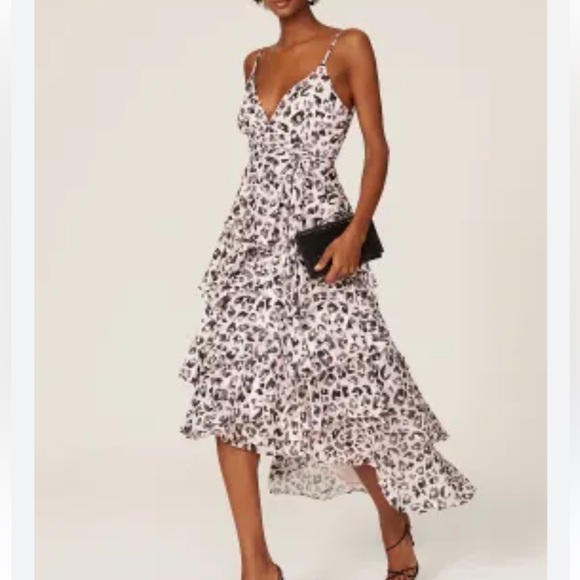 Hutch SZ SM Black and pink White Leopard‎ print Asymmetrical wrap Tiered Dress